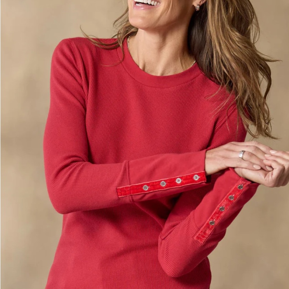 Sundance Red Long Sleeve Ribbed Tee with Snap Cuff Detail